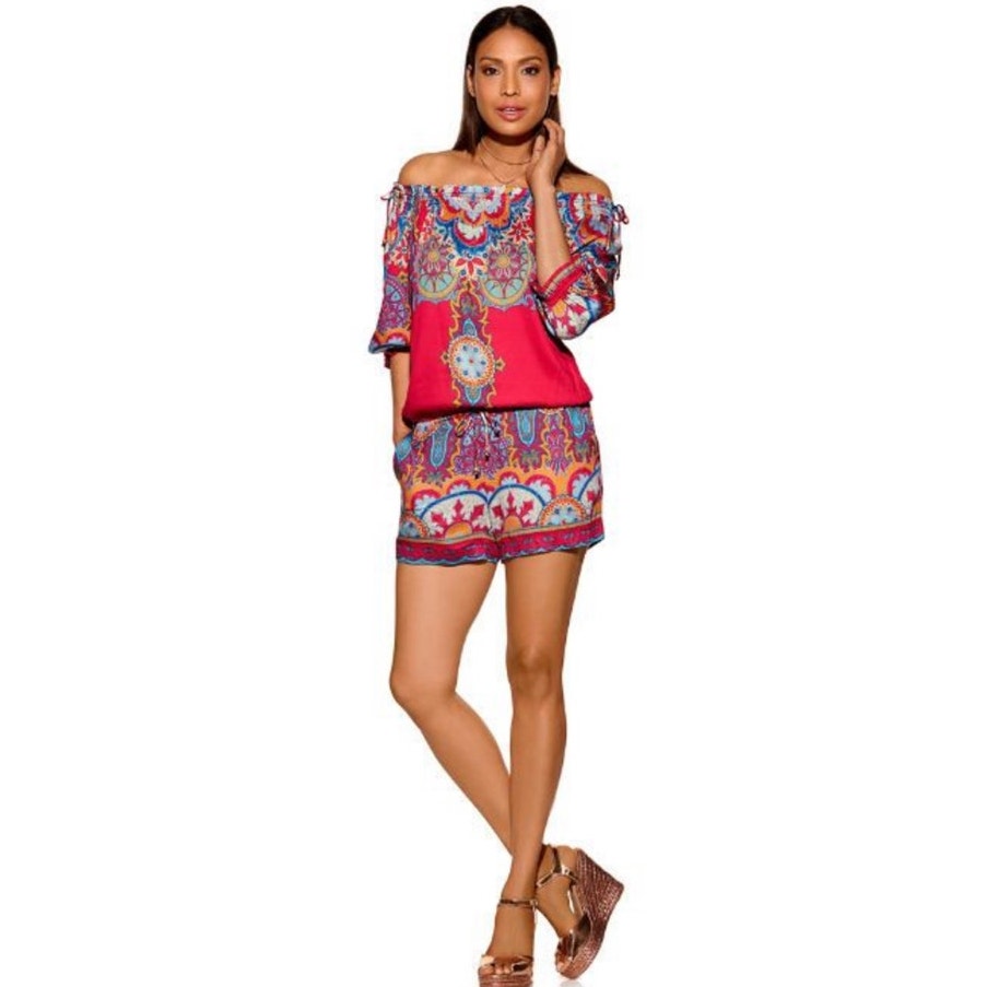 Hale Bob Westina Off Shoulder Pink Paisley Print Boho Romper Size Xs